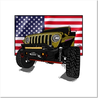 Jeep with American Flag - Harvest Tan Essential Posters and Art